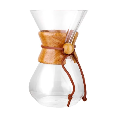 Manual Coffee Dripper Brewer with Real Wood Sleeve Pour Over Coffee Maker Borosilicate Glass Carafe and Coffeepot