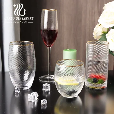 Handmade Luxury Glass Water Cups 480ml Embossed Clear Drinking Glass Cup Gold Rim Stemless Wine Glass